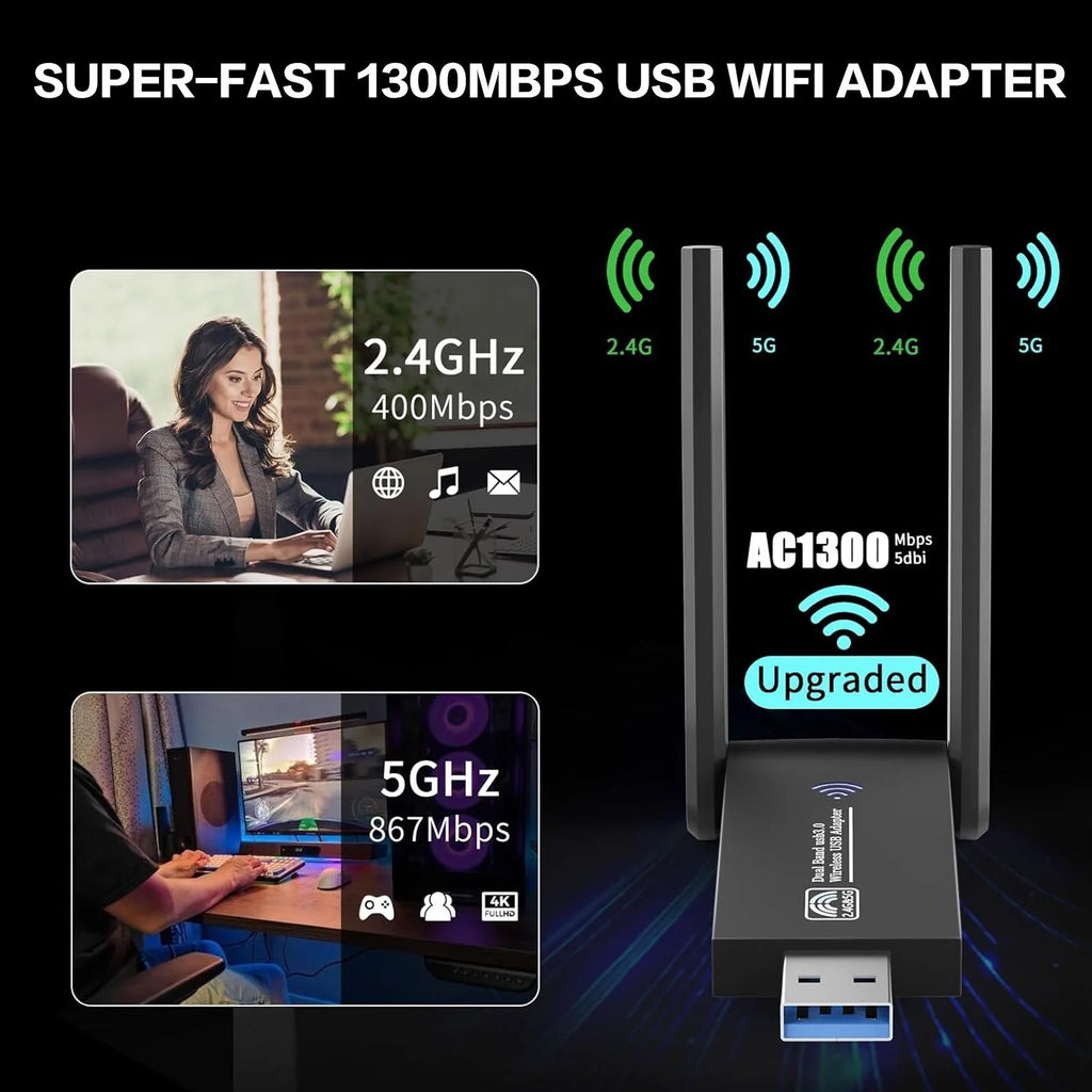 1300Mbps USB 3 0 WiFi Adapter Dual Band 5GHz 2 4GHz High Gain Antenna Long Range Wireless Network Card WiFi Dongle for PC Laptop Desktop Windows 11 10 8 7 Vista XP Compatible with AC1300 802 11ac Internet Receiver