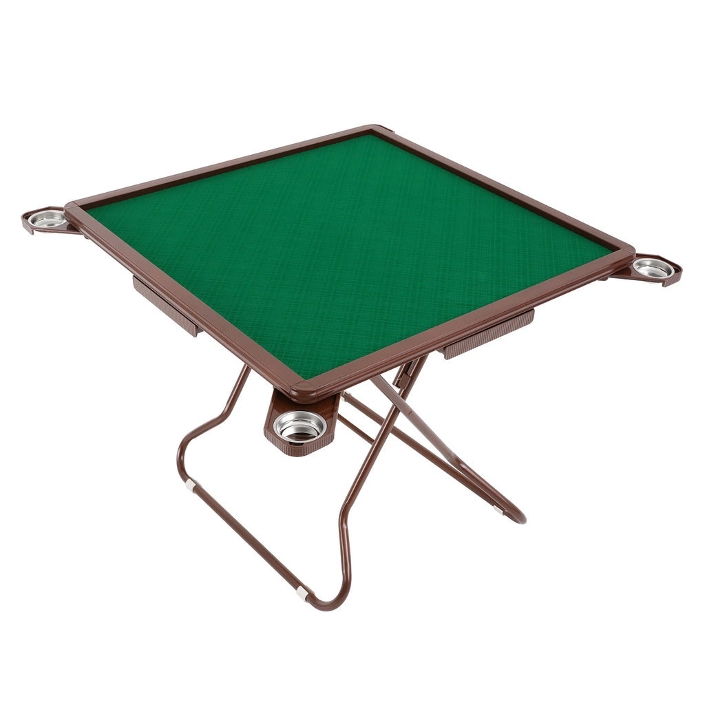 Foldable Square Mahjong Table Wood Board Velvet Desktop Q195 Plastic Steel Frame 150KG Load Noise Reduction Anti-slip Table Leg Rounded Safe Corners Built-in 4 Cup Holders & 4 Hidden Storage Drawers Raised Anti-slip Edge Port