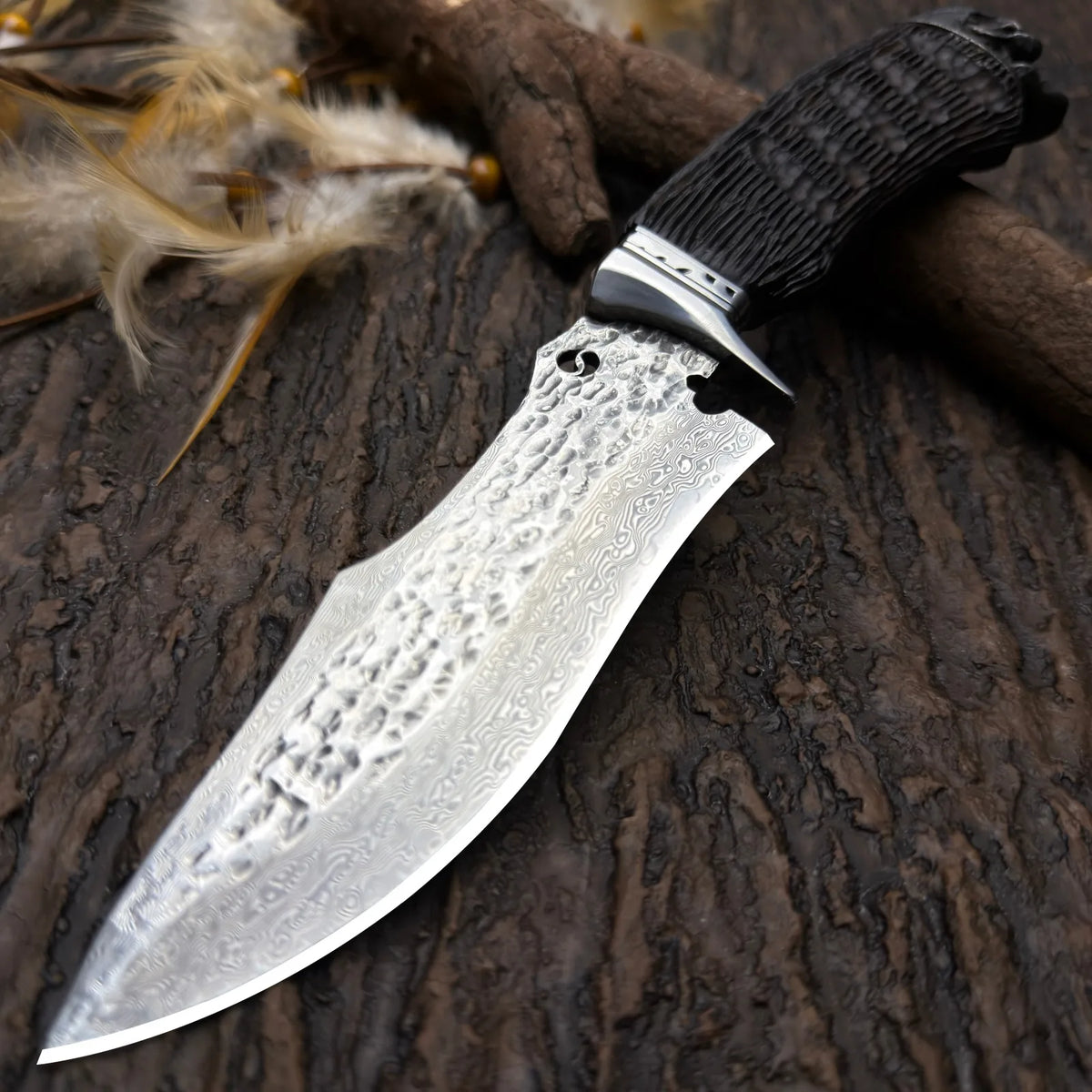 5Cr Stainless Steel Fixed Blade Outdoor Utility Knife, Damascus-Style Pattern, Mirror or Hammered Finish with Protective Sheath