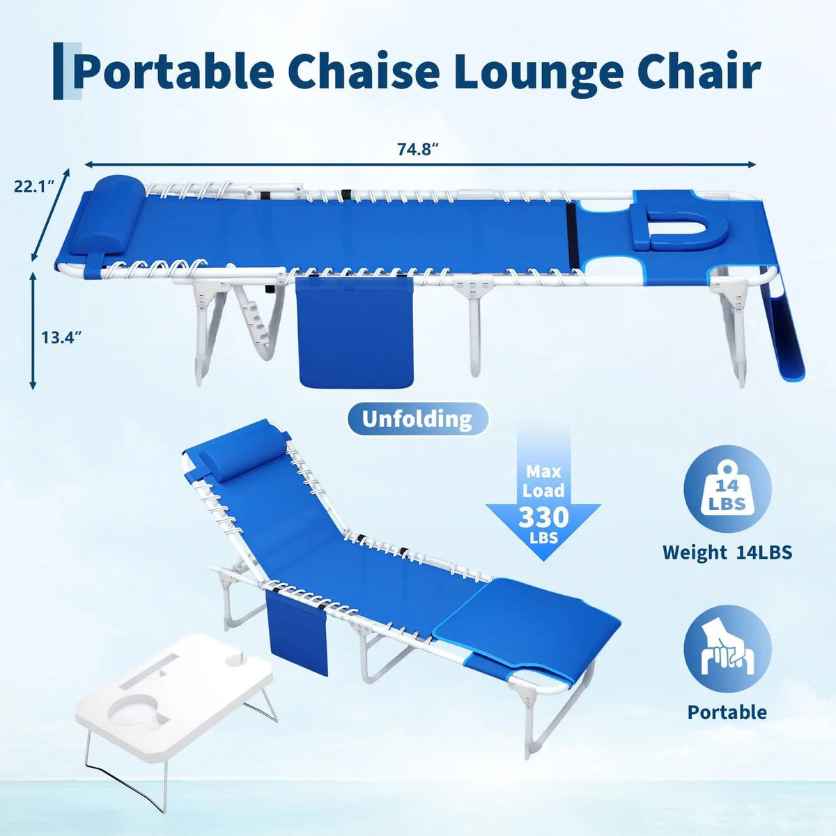 Tanning Chair With Face Hole 3-in-1 Beach Lounge Chair, 5-Position Reclining Outdoor Chaise With Table For Pool Patio Garden Deck