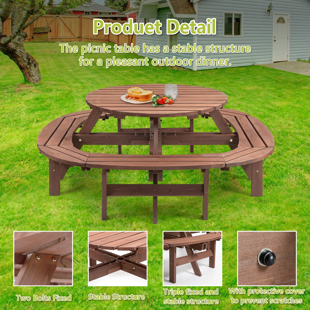 Solid Wood Round Outdoor Picnic Table Set with Fully Enclosed Built-in Curved Benches, Outdoor Patio Dining Furniture Equipped with Umbrella Hole - Macgyverzoutpost