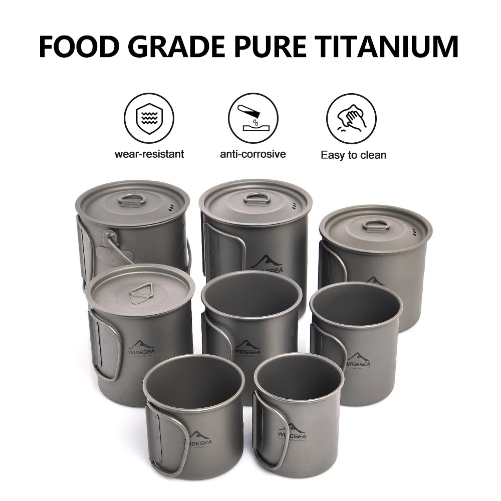 Widesea Ultralight Pure Titanium Camping Cup with Foldable Handle Multiple Capacity Portable Outdoor Mug for Hiking Backpacking
