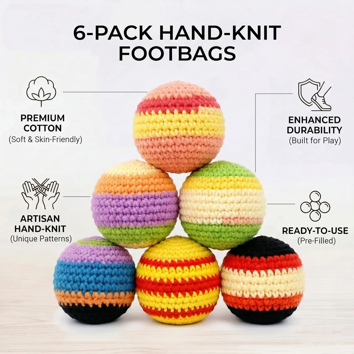 Hand-Knitted Hacky Sack Footbag Set, Cotton Crochet Kick Balls, Geometric Juggling Balls for Kids Adults Outdoor Games