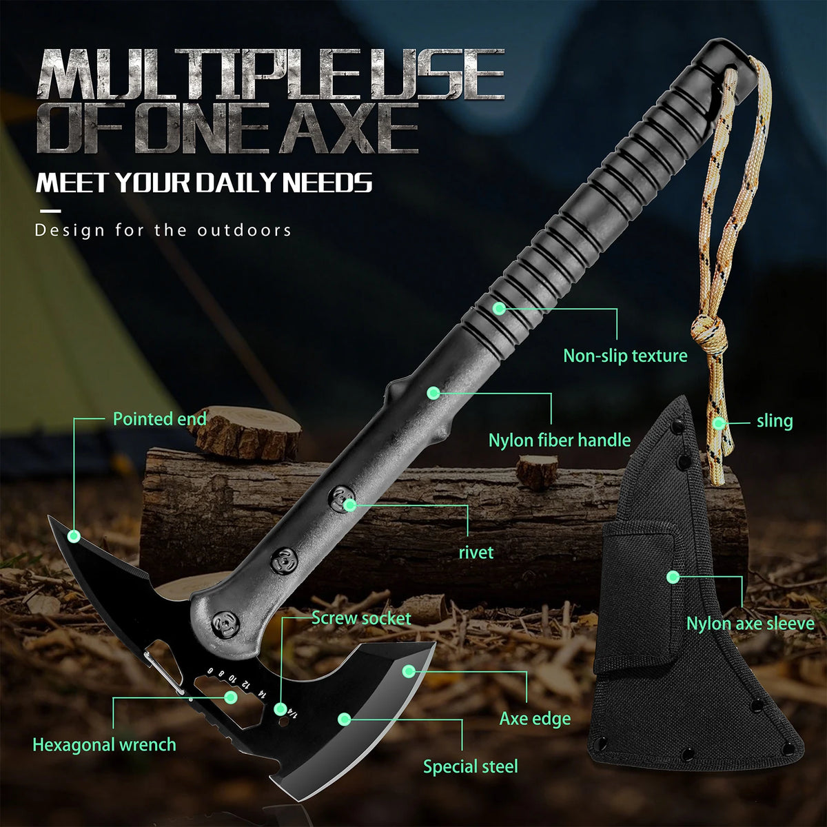 Black Outdoor Fixed Blade Knife with Protective Sheath Long Handle Portable Camping Hiking Picnic Daily Use Utility Accessory