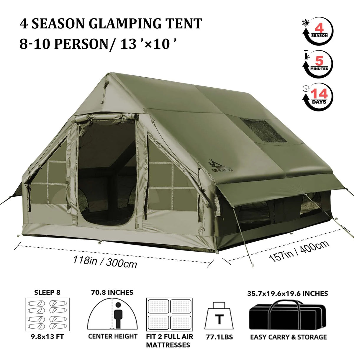 Portable Inflatable Camping Tent 2/4/6/8 Person for Family 420D Oxford Inflatable with Skylight Stove Jack AC Vent Mesh Window - Macgyverzoutpost