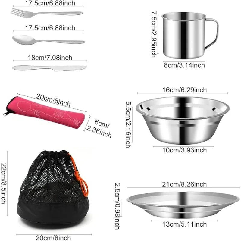 1 Set Stainless Steel Camping Tableware Kit Portable Dinner Set Bowls Plates Cups Forks Spoons Knives for 4 People Outdoor Camping
