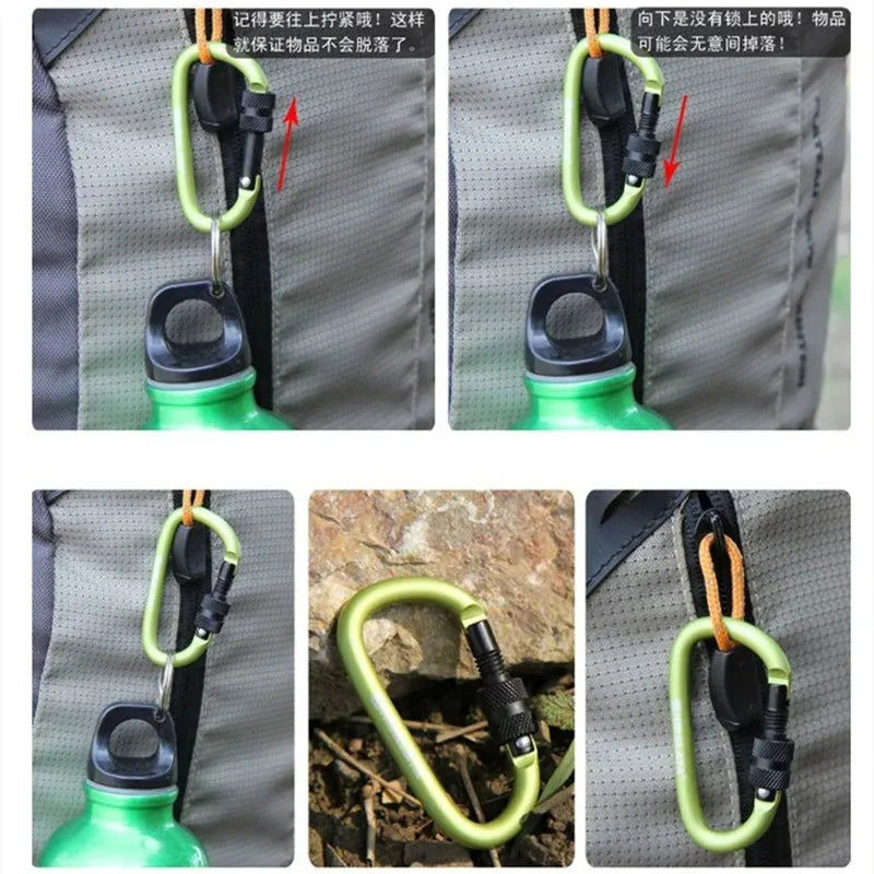 2pcs Outdoor Aluminum Alloy Carabiner Hanging 6th Key Chain Backpack Buckle D-type Wind Rope Buckle with Lock Camping Gear - Macgyverzoutpost