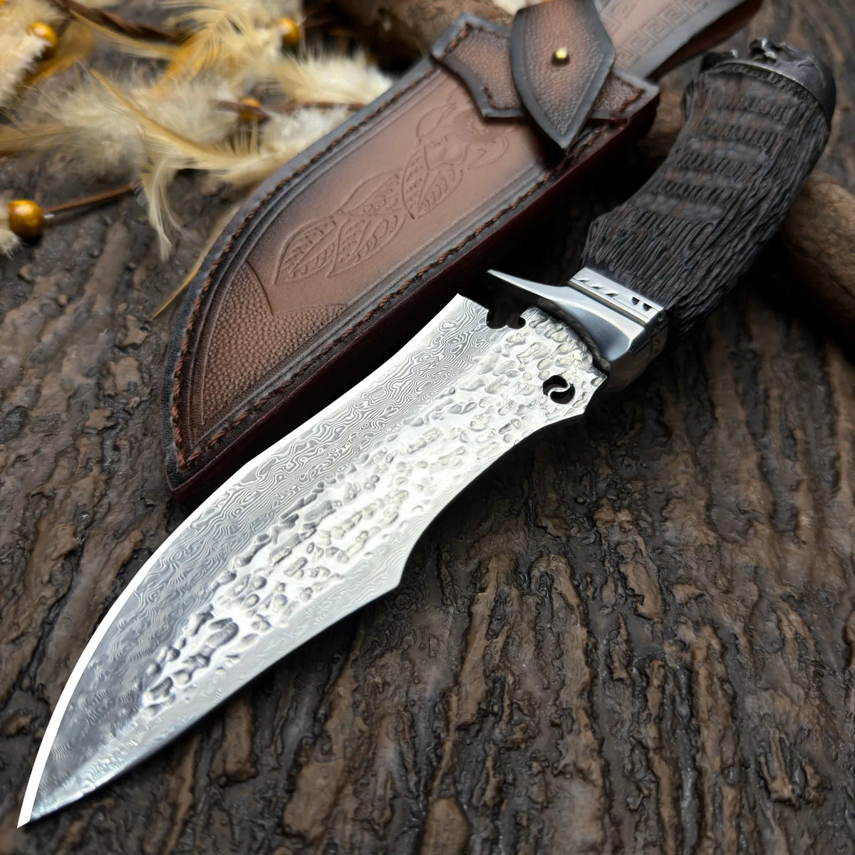 5Cr Stainless Steel Fixed Blade Outdoor Utility Knife, Damascus-Style Pattern, Mirror or Hammered Finish with Protective Sheath
