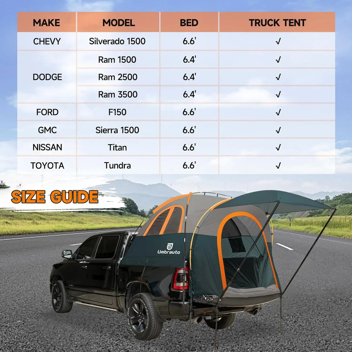 Umbrauto Truck Bed Tent with Awning: 6.4-6.7FT PU3000mm Waterproof Tailgate Pickup Truck Easy Set-up for 2 Person, Fits Full Size Short Bed, Chevy, Dodge, Ford, GMC, Macgyverzoutpost