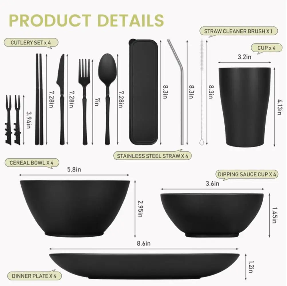 49Pcs Eco-Friendly Wheat Straw Dinnerware Set for 4 Unbreakable Plates Bowls Cutlery Lightweight Reusable Tableware Portable Outdoor Picnic Travel Camping Kitchen Microwave Safe