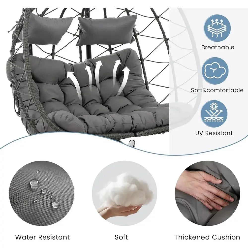 Double Egg Swing Chair with Stand, Outdoor-Friendly Loveseat Hammock, UV-Resistant Cushions, 700 lbs Capacity,