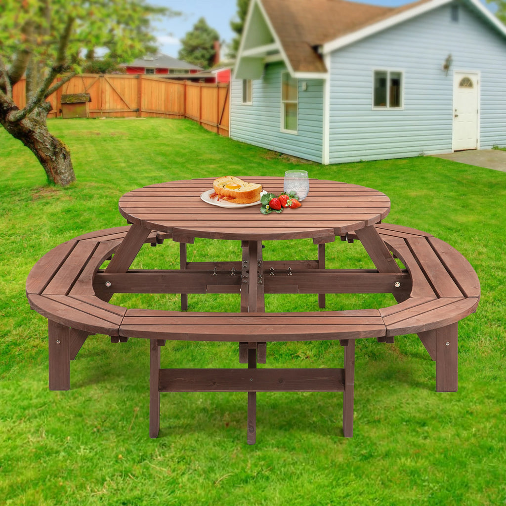 Solid Wood Round Outdoor Picnic Table Set with Fully Enclosed Built-in Curved Benches, Outdoor Patio Dining Furniture Equipped with Umbrella Hole - Macgyverzoutpost