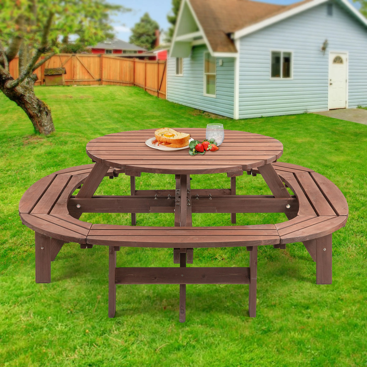 Solid Wood Round Outdoor Picnic Table Set with Fully Enclosed Built-in Curved Benches, Outdoor Patio Dining Furniture Equipped with Umbrella Hole - Macgyverzoutpost