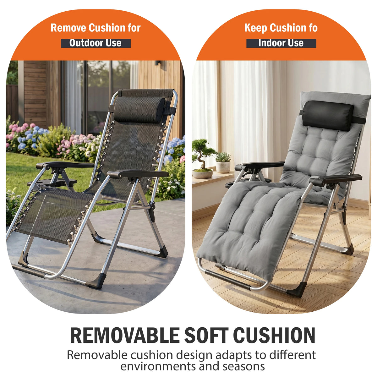 JHK Zero Gravity Reclining Camping Lounge Chair for Outdoor Soft Cushion Patio Chairs with Cup Holder Trays and Removable Cushion Folding Recliner