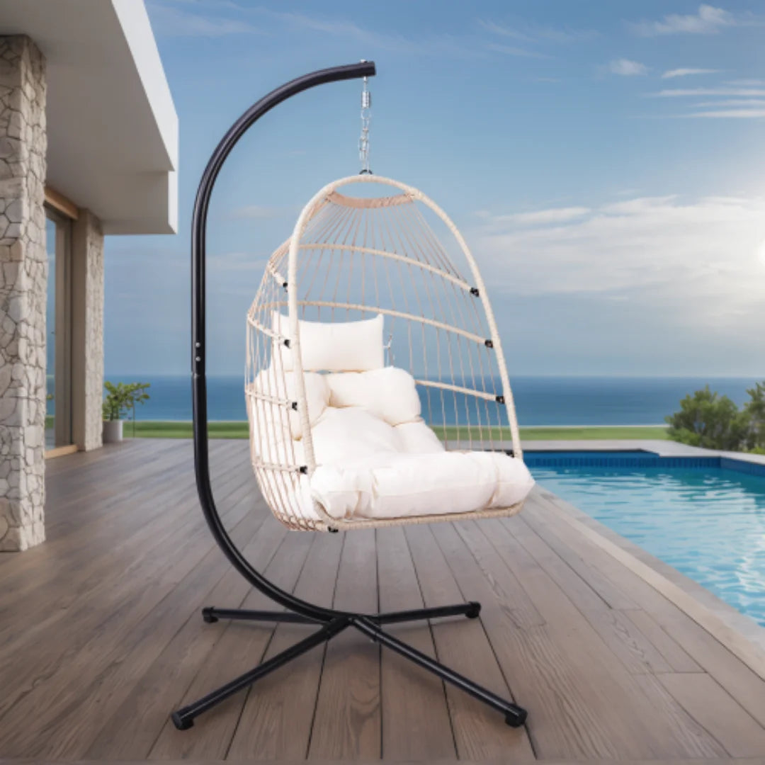 Outdoor Egg Chair with Stand, 350 Lbs Wicker Patio Hanging Chair, Folding Swing Hammock Chair with Cushion