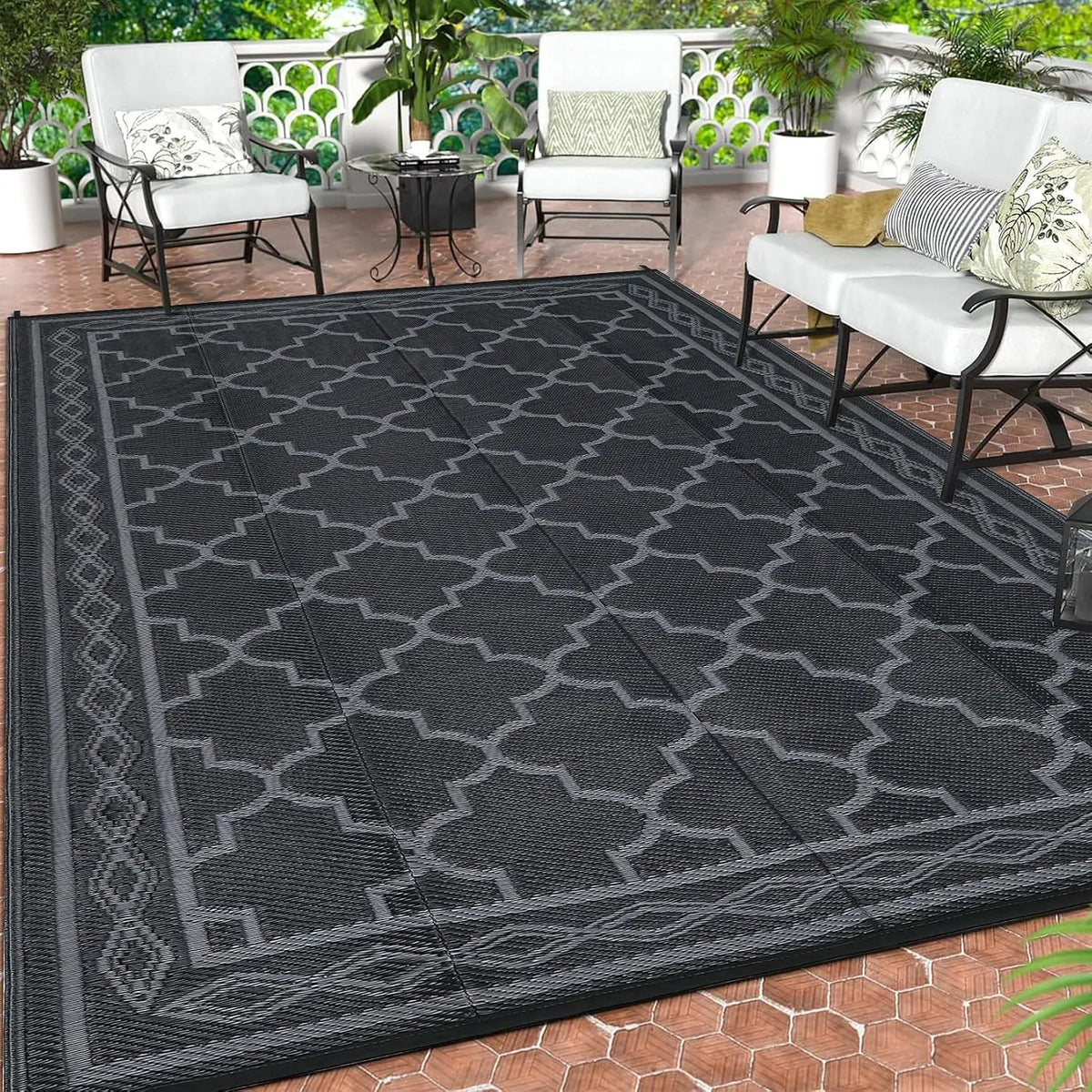 9x18 Reversible Outdoor Area Rug – Waterproof Lightweight Plastic Mat for  Camper & Backyard, Black/Grey
