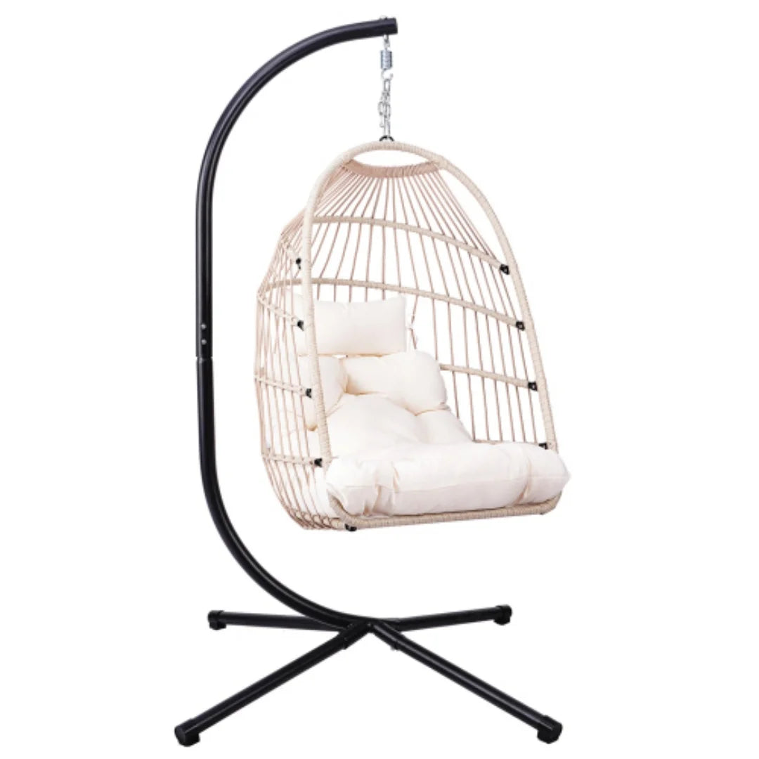 Outdoor Egg Chair with Stand, 350 Lbs Wicker Patio Hanging Chair, Folding Swing Hammock Chair with Cushion