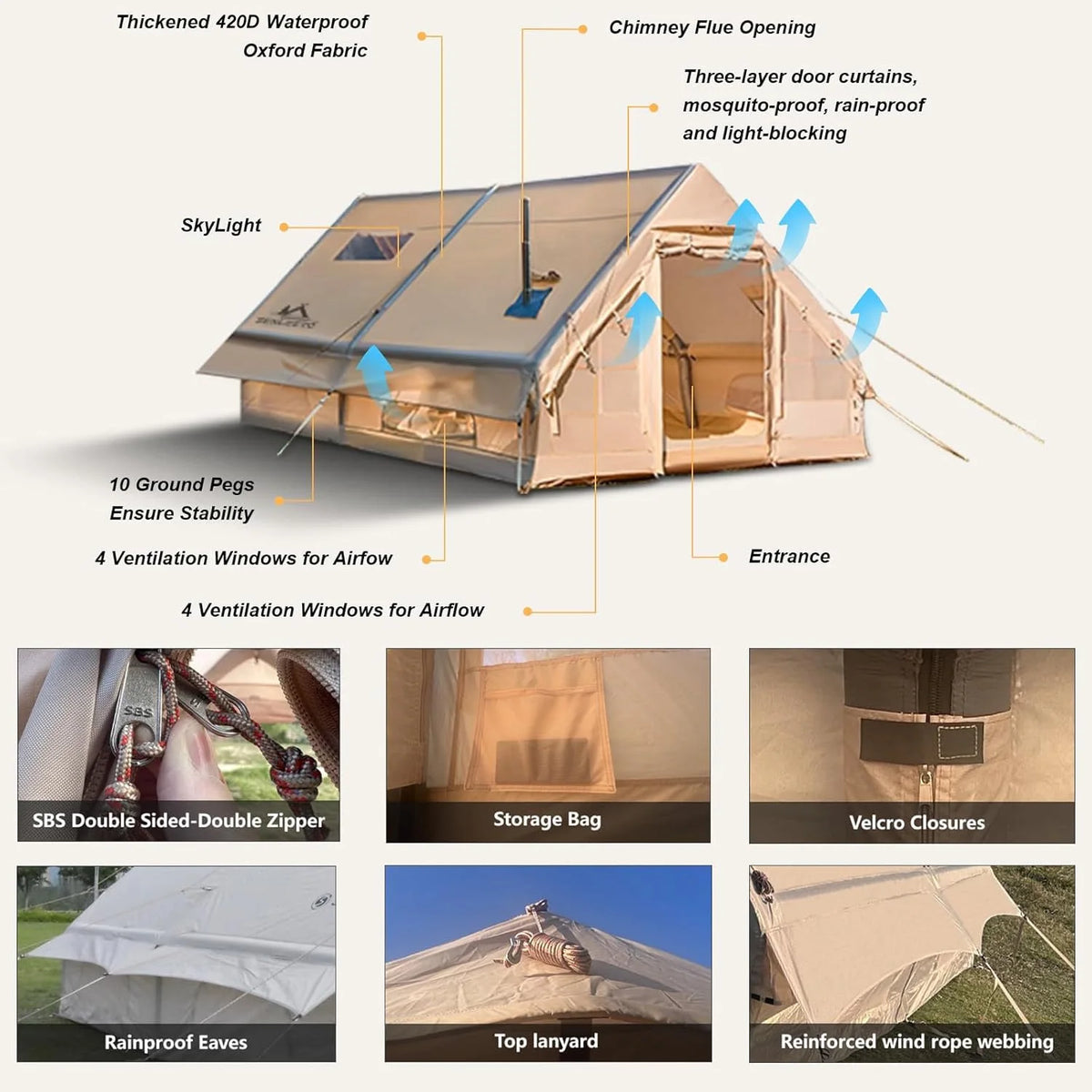 Portable Inflatable Camping Tent 2/4/6/8 Person for Family 420D Oxford Inflatable with Skylight Stove Jack AC Vent Mesh Window - Macgyverzoutpost