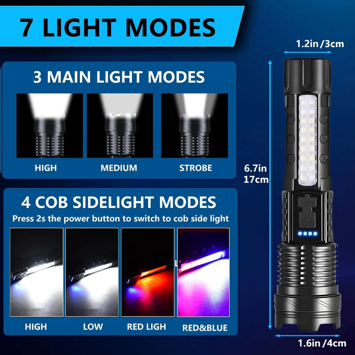 Rechargeable LED Flashlights, Super Bright Handheld Flashlight, 7 Modes with COB Work Light, Tactical Flash Light for Home or Personal use - Macgyverzoutpost