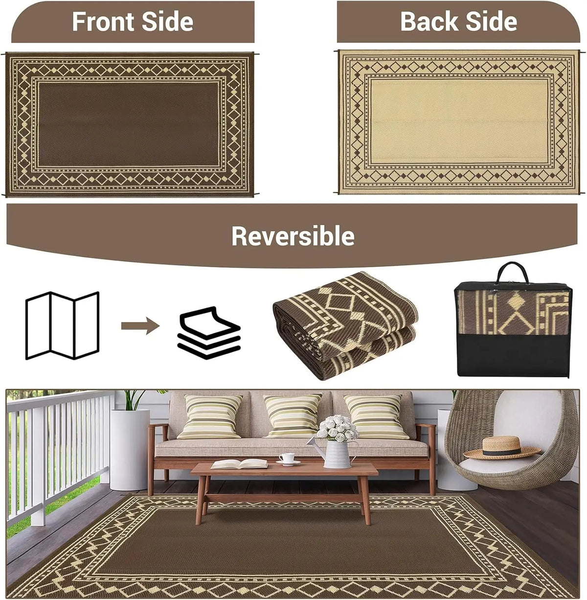 10x20 Reversible Outdoor Rug – Waterproof Plastic Straw Mat, Bordered Geometric Design, Brown/Coffee,