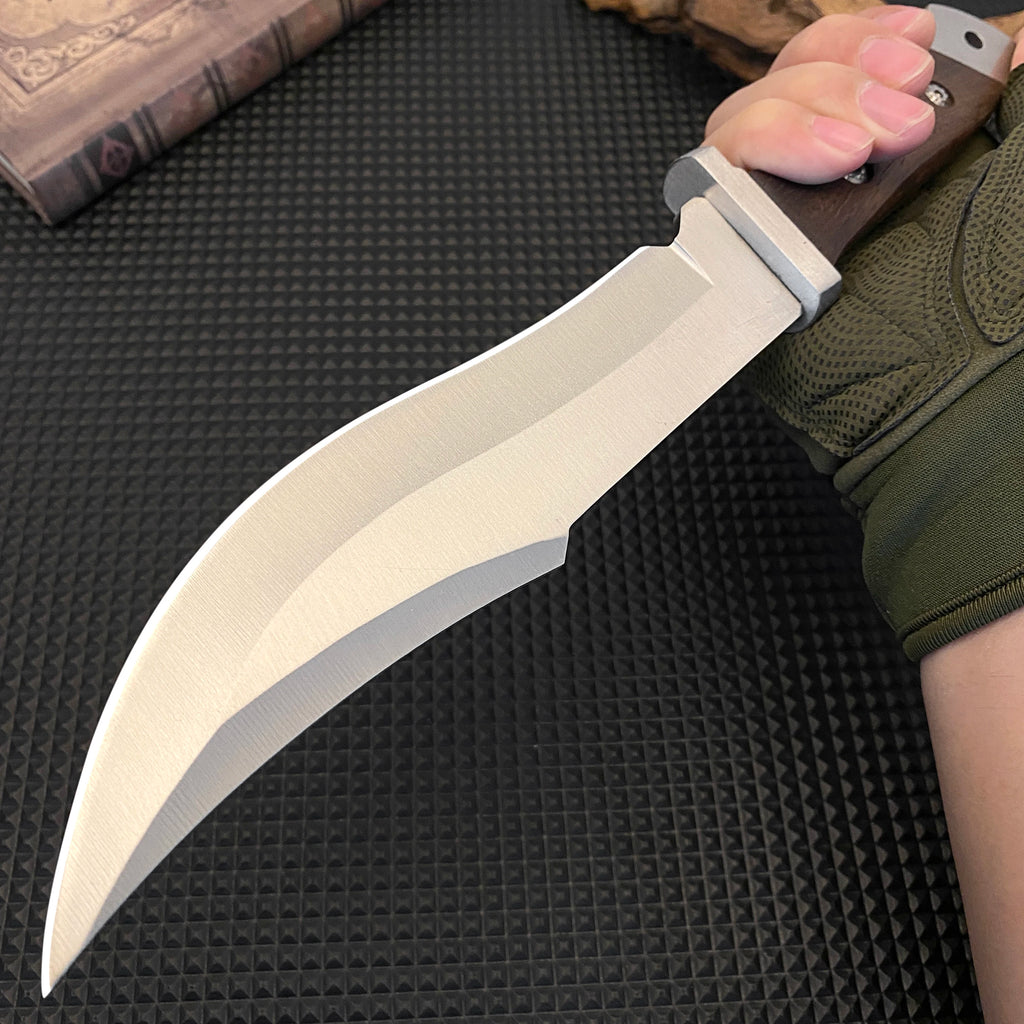 Stainless steel hunting knife with a wooden handle, paired with a black leather sheath, an essential tool for adventurers