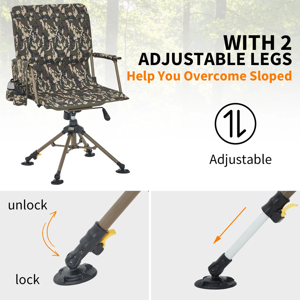 360° Swivel Hunting Chair, Silent Folding Portable Blind Seat | 4 adjustable legs & seat height, folding design, anti-sink feet, armrests, supports 330lbs, stable.