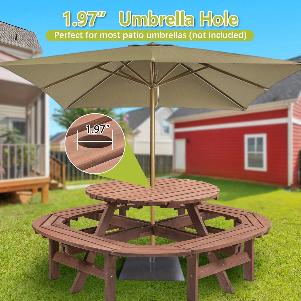 Solid Wood Round Outdoor Picnic Table Set with Fully Enclosed Built-in Curved Benches, Outdoor Patio Dining Furniture Equipped with Umbrella Hole - Macgyverzoutpost