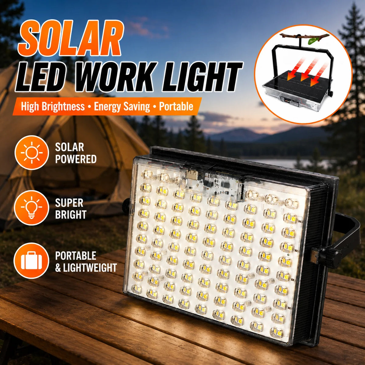 IP66 Waterproof Solar Camping Lantern, 106 LED Beads Rechargeable Hanging Tent Light, 5 Light Modes with Battery Level Indicator, Solar & USB Dual Charging Emergency Lamp for Camping, Fishing, Power Outage