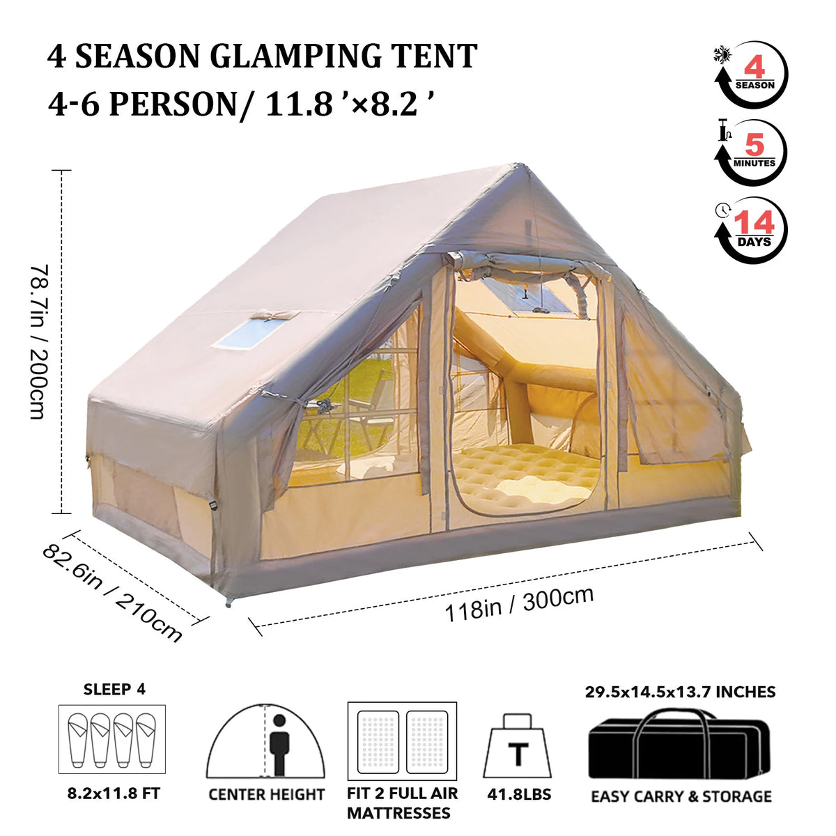 Portable Inflatable Camping Tent 2/4/6/8 Person for Family 420D Oxford Inflatable with Skylight Stove Jack AC Vent Mesh Window - Macgyverzoutpost