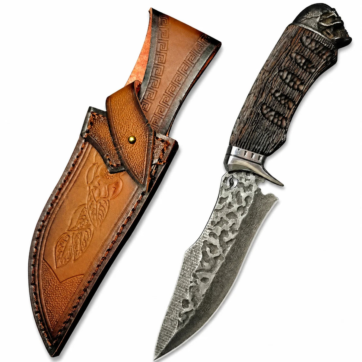 5Cr Stainless Steel Fixed Blade Outdoor Utility Knife, Damascus-Style Pattern, Mirror or Hammered Finish with Protective Sheath