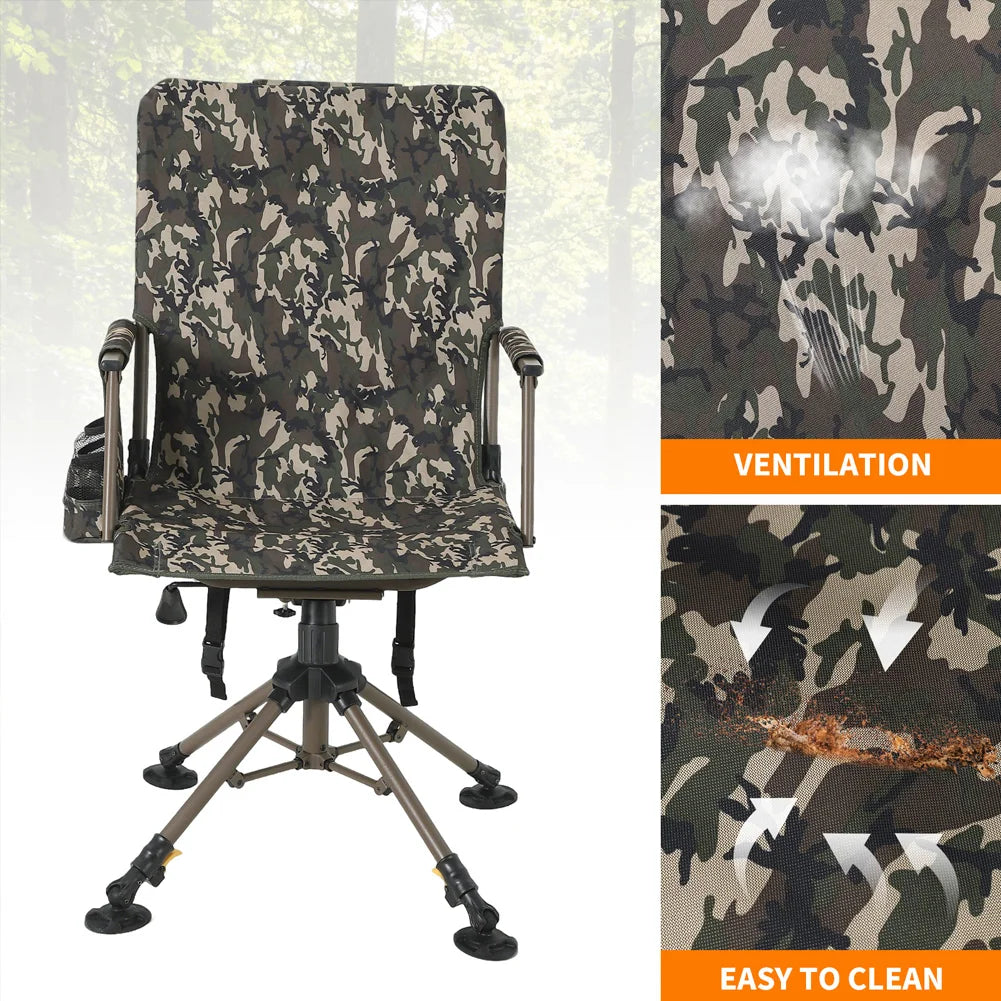 360° Swivel Hunting Chair, Silent Folding Portable Blind Seat | 4 adjustable legs & seat height, folding design, anti-sink feet, armrests, supports 330lbs, stable.