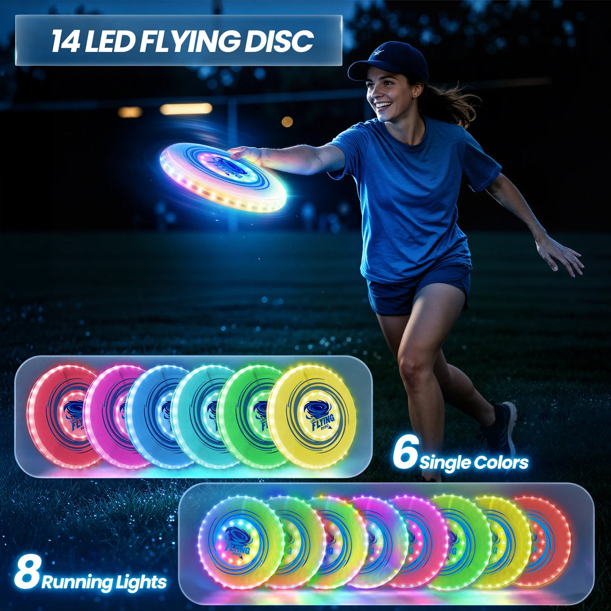 2 Pack Rechargeable Glow-in-the-Dark Flying Discs with 45 LEDs 14 Lighting Modes Easter Basket Stuffers Camping Toys for Kids Teens Adults Birthday Halloween Christmas Gift