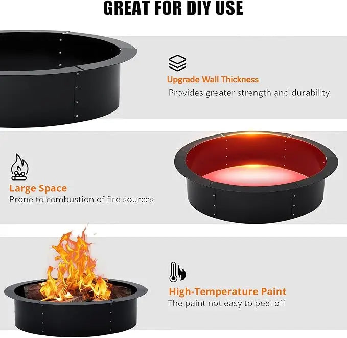 Outdoor Carbon Steel Fire Pit Ring, 48-60" Diameter, Heavy Duty Round Edge for Garden Fire and Large Events, Firewood Mounting Kit