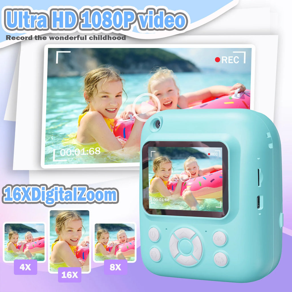 Instant Print Camera Digital Camera With 3 Rolls Print Paper, 1080P HD Ditigal Camera 2.4 Inch Screen, Selfie Video Camera, USB Cable/Color Pen/Bag/ Included, electronics，