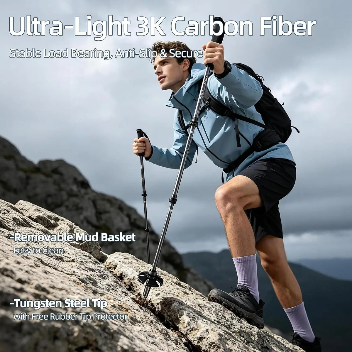 3K Carbon Fiber Trekking Poles Collapsible Lightweight Hiking Poles Walking Sticks With EVA Grip Support Rods For Outdoor Camping Backpacking Mountain Travel Black 1 Pair - Macgyverzoutpost