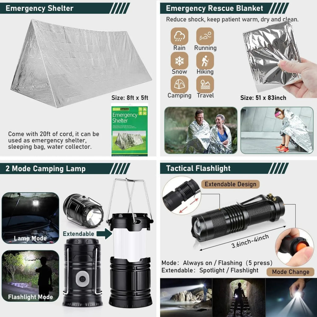 Survival kit, 262 pieces of survival equipment and supplies, first aid kit and crossbody bag