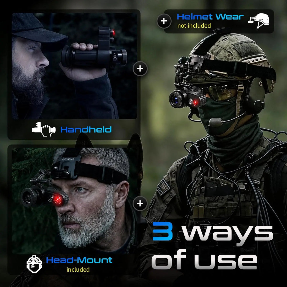 Head-Mounted Night Vision Monocular Goggles with Elastic Head Strap, Default 7X Magnification, Digital Infrared NVG Equipment 1148FT Range with 1.54in HD Screen, Rechargeable