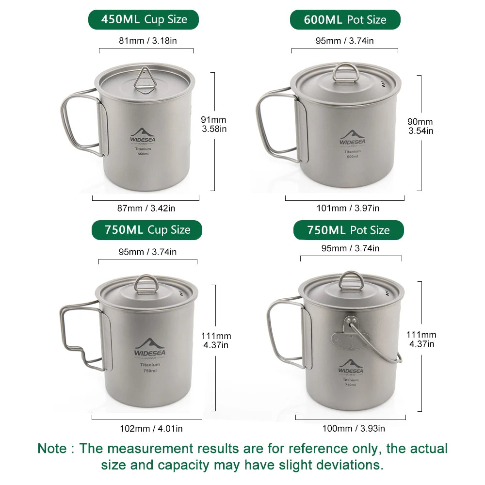 Widesea Ultralight Pure Titanium Camping Cup with Foldable Handle Multiple Capacity Portable Outdoor Mug for Hiking Backpacking