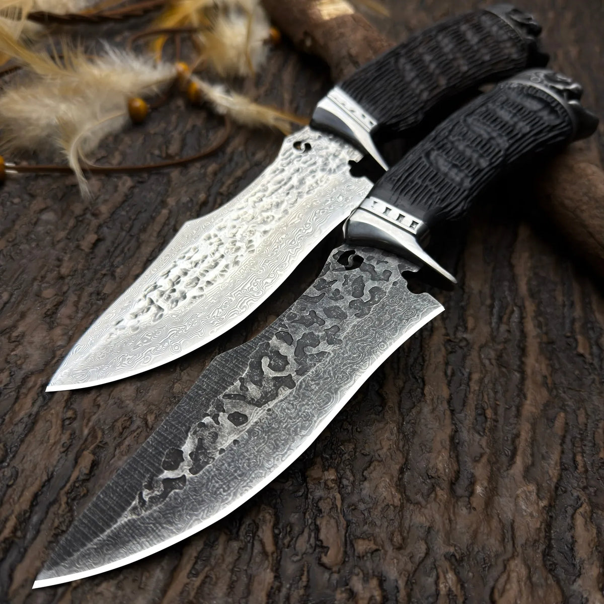5Cr Stainless Steel Fixed Blade Outdoor Utility Knife, Damascus-Style Pattern, Mirror or Hammered Finish with Protective Sheath