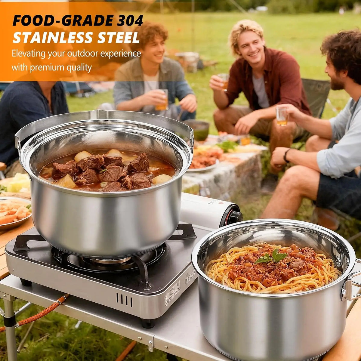 6pcs Cookware Set, 304 Stainless Steel Lightweight Non-Stick Pot, Kettle and Spin with Travel Tote Bag for Open Fire, Camping, Outdoor Cooking for 4-6