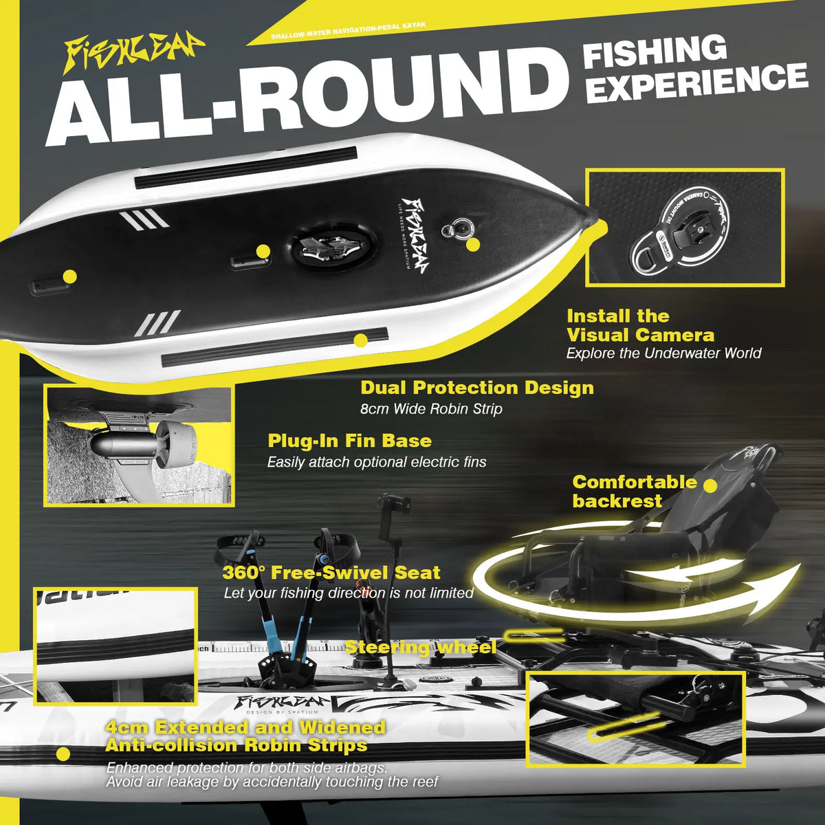 Spatium 11.5ft Flipper Pedal Drive Fishing Inflatable Kayak with Motor, Fishing Board Hull for Shallow-Water Navigation,360°Rotatable & Adjustable Seat