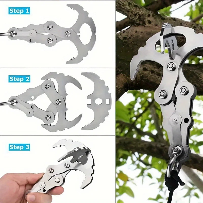 1pc Stainless Steel Folding Grappling Hook, Heavy-Duty Multi-Purpose Claw with 4 Reinforced Claws for Hiking, Camping