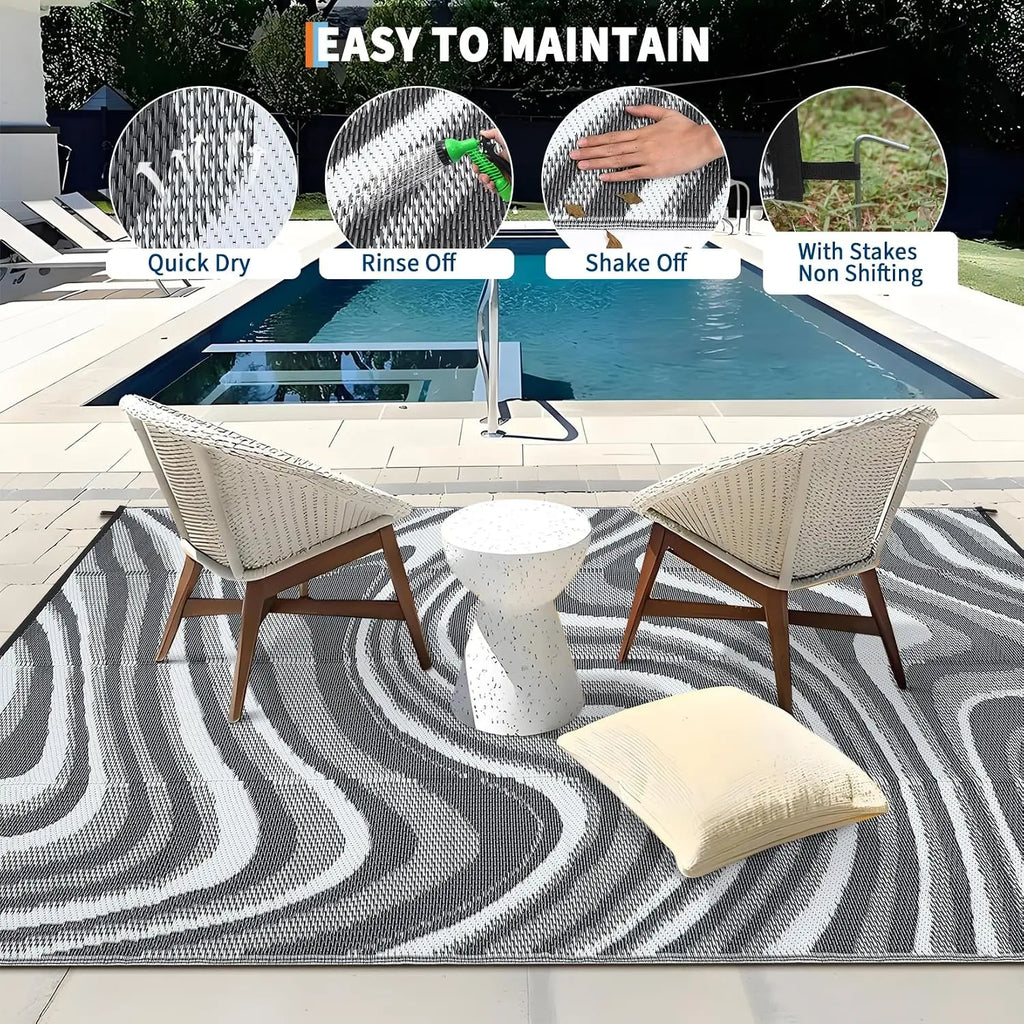 Garvee Waterproof Outdoor Rug 10x14ft Abstract Outdoor Camping Rug with Portable Bag Large Reversible Plastic Straw Foldable Lightweight