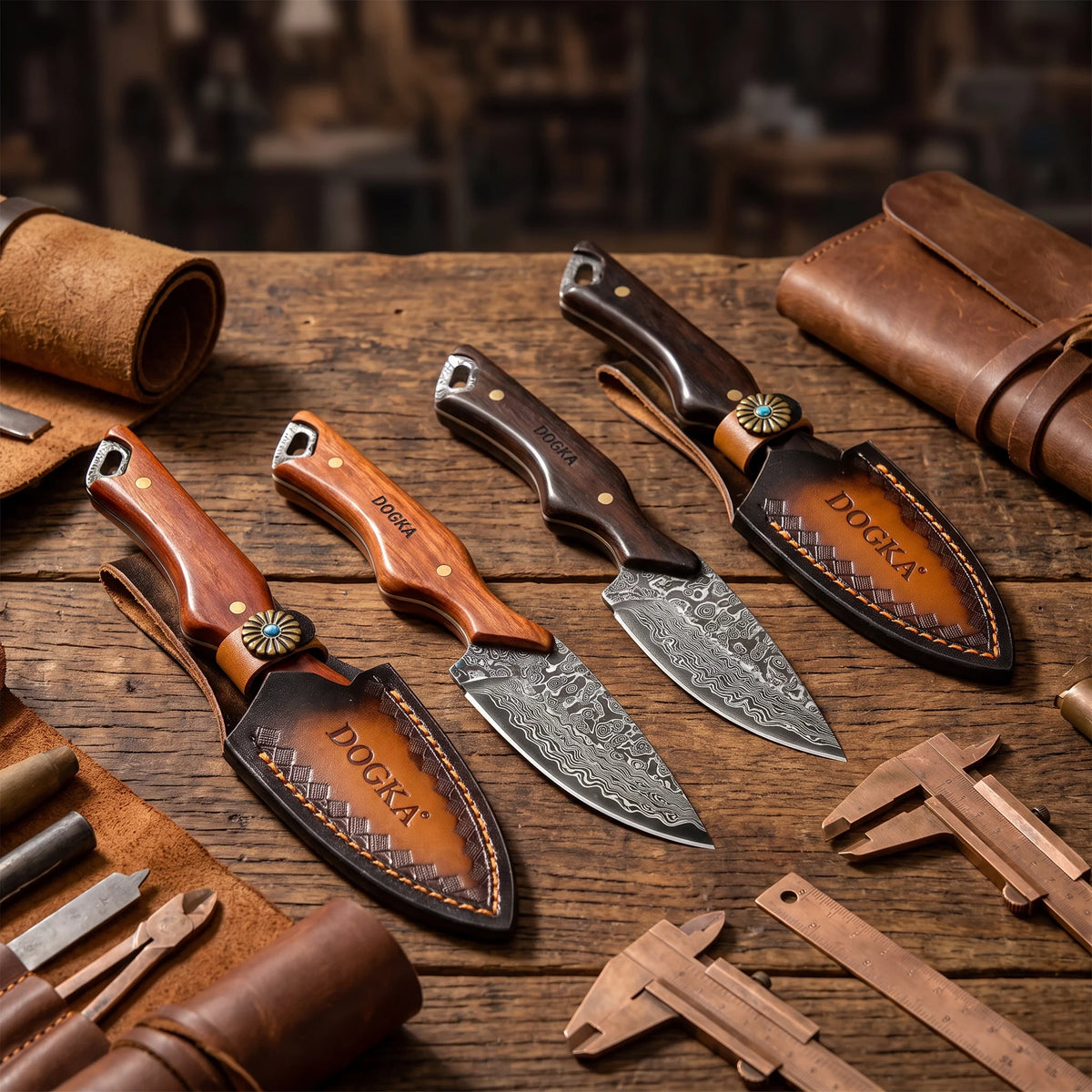 Damascus Pattern Fixed Blade Utility Knife with Solid Wood Handle Portable Outdoor Camping Picnic Cutting EDC Gear with Handmade Leather Sheath 2 Styles